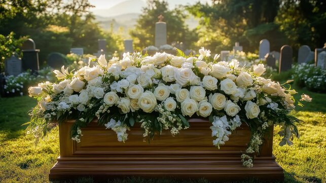 wooden casket topped with abundant white roses and lilies in a sunlit cemetery with headstones, green grass, trees and distant hills conveying a solemn peaceful farewell