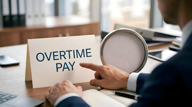 Employee Pointing at Overtime Pay Cardboard Sign on Office Desk, Financial Compensation Concept