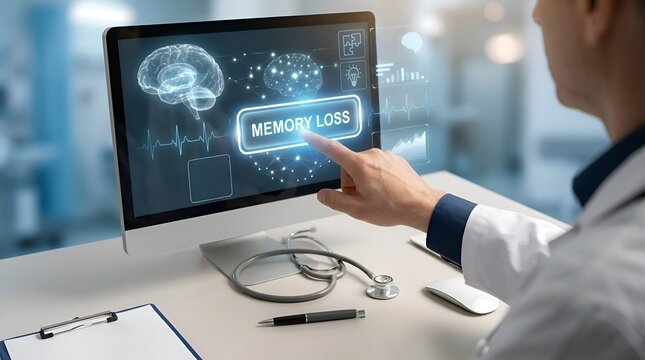 Digital Memory Loss Concept on Computer Screen, Brain Health, Cognitive Decline and Neurology Technology