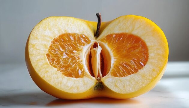 yellow apple cut in half revealing orange segments inside with stem intact, whimsical surreal still life evoking surprise