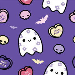Fototapeta premium Cute Kawaii Halloween Seamless Pattern with Floral Ghosts, Skulls, Bats and Candy Hearts Vector Illustration