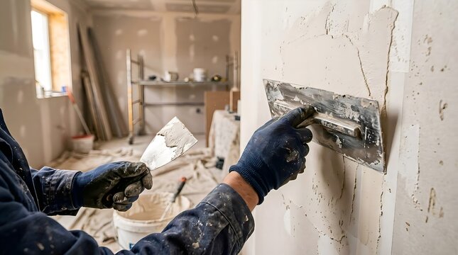 Worker Applying Wall Plaster with Trowel During Interior Home Renovation and Finishing Process