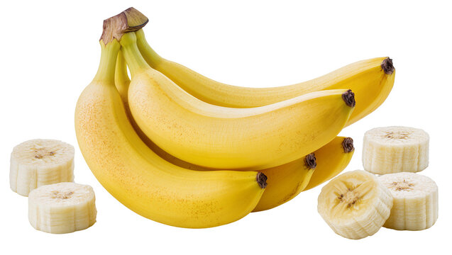 Isolated bunch of ripe yellow bananas with fresh delicious banana slices ready for eating
