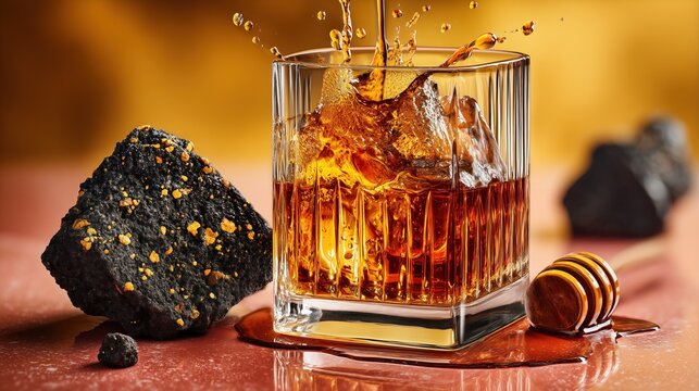Luxury rum commercial photography, crystal tumbler filled with dark aged rum, elegant caramel-colored liquid splash, polished black volcanic stone, subtle tropical atmosphere