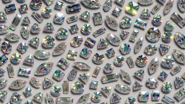 Clear diamonds rolling diagonally on grey. Elegant luxury loop suitable for old money aesthetic and premium lifestyle videos. 3D render motion.