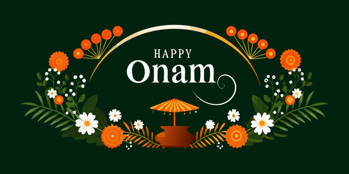 Floral ornament with onam greeting and decorative umbrella vector illustration