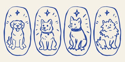 Dog Breed Sketches In Oval Frames Blue Line Art Illustration © Hridoy