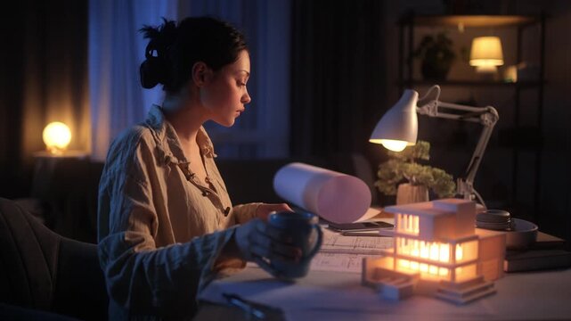 Young female architect taking a break at night, holding a mug and enjoying the aroma of coffee. Focused woman working late on blueprints near a glowing architectural house model