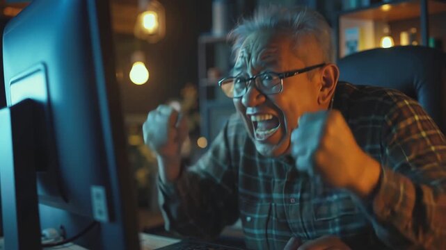 An older man is playing a video game and is yelling in excitement. Concept of joy and enthusiasm as the man celebrates his victory