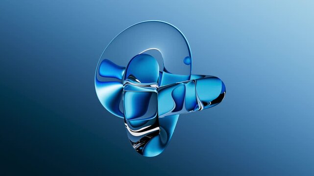 Motion of a glossy blue 3D knot floats against a gradient blue background, showcasing smooth curves and reflective surfaces. 3d render illustration.