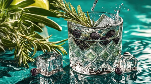Luxury gin commercial photography, premium crystal gin glass with botanical gin