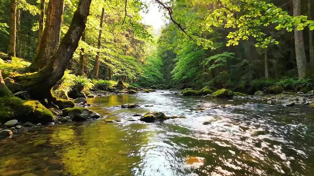 Tranquil forest stream relaxing nature scenery for meditation and stress relief