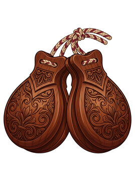 Pair of traditional wooden castanets with decorative red and white braided cord