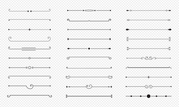 Minimalist text divider line set with swirls dots and arrows for book layout and blog design
