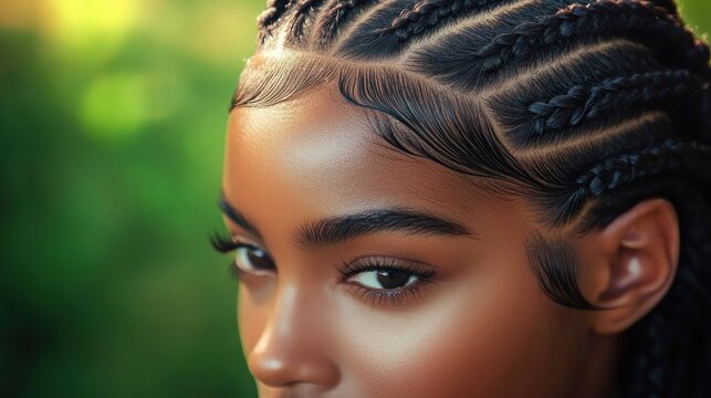 close-up side profile of a person with neat cornrow braids and visible ear, warm sunlight and soft green bokeh background, calm and contemplative mood