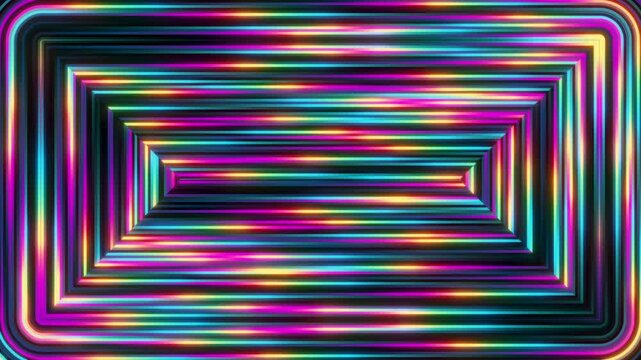 Layered rectangular neon gradient frames create a vibrant tunnel like motion effect. Seamless abstract video background for tech, branding, and digital media.