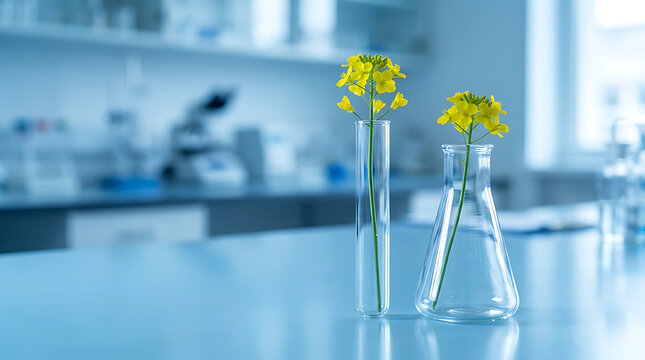 Yellow rapeseed flowers in flask and test tube for biotechnology research in lab