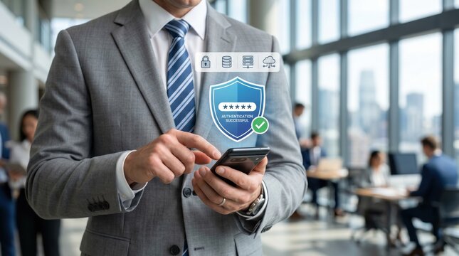 Businessman holding smartphone with successful authentication shield icon, cyber security and data protection concept in modern office environment