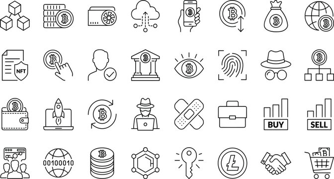 Cryptocurrency bitcoin blockchain technology and fintech digital wallet line icon set featuring financial market investment and mining symbols,