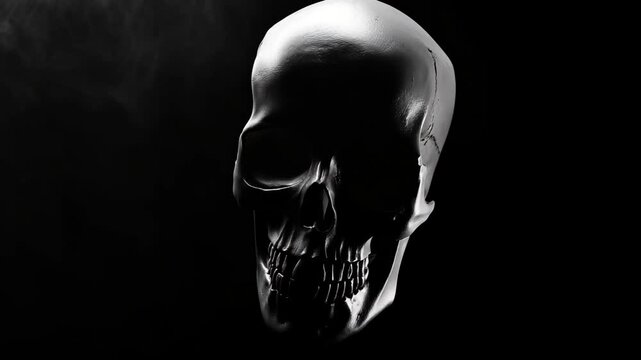 A skull is shown in a black and white photo with smoke surrounding it. Scene is dark and ominous, with the skull being the main focus. The smoke adds to the sense of danger and mystery