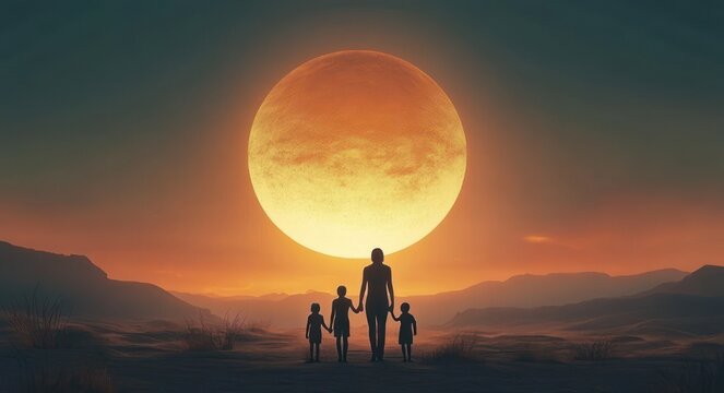 silhouetted adult and three children holding hands walking toward an enormous glowing sun over rolling hills at sunset, evoking wonder and unity