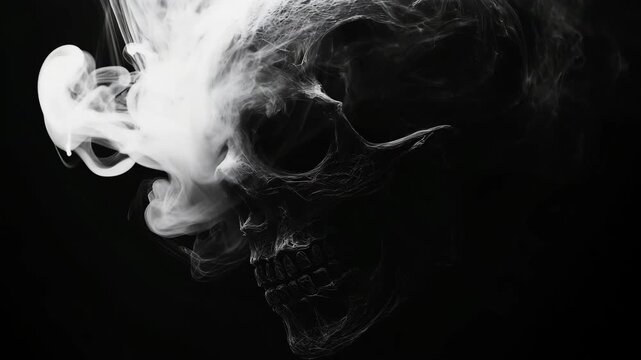 A skull is shown in a black and white photo with smoke surrounding it. Scene is dark and ominous, with the skull being the central focus. The smoke adds to the sense of danger and mystery