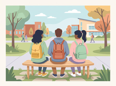 Three friends sitting on a bench outside school.