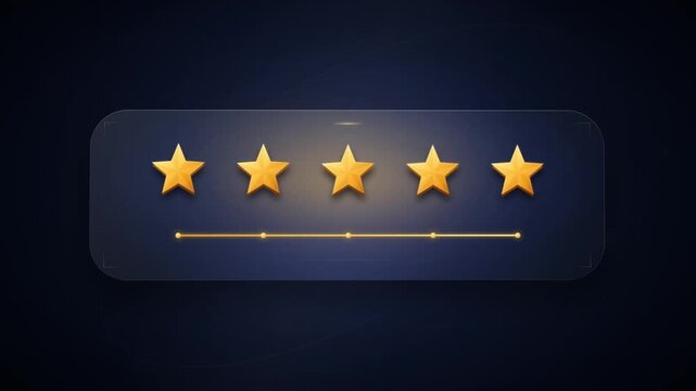 Animated five star rating interface on transparent glass panel showing excellent customer review