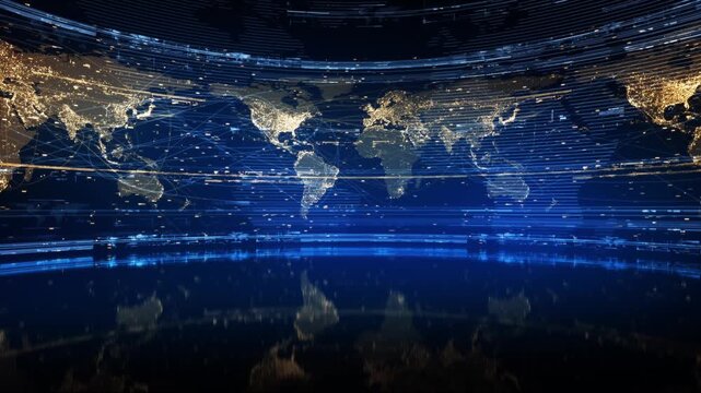 Global rotating earth map in shades of blue with wire connections