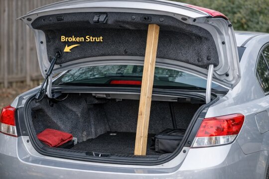 A wooden stick inserted into the trunk of a car, possibly for retrieving items