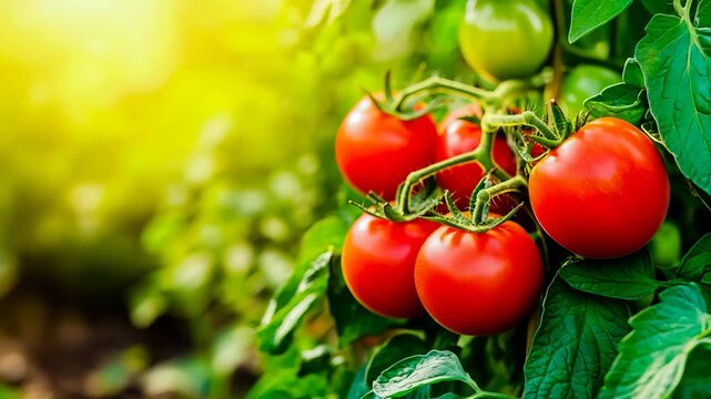 A bunch of ripe red tomatoes hanging from a plant. The tomatoes are clustered together and are ready to be picked