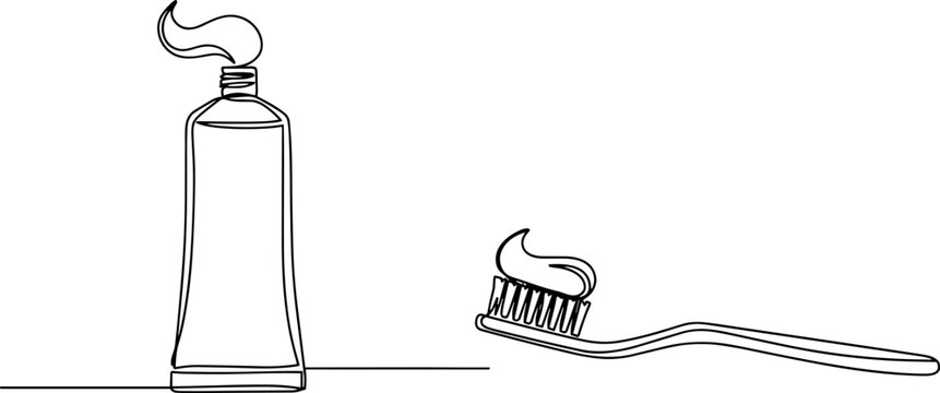 Continuous one line drawing of toothpaste tube and toothbrush with paste isolated on white background oral hygiene vector,