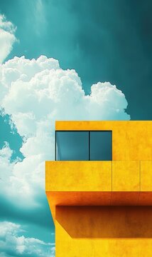 vibrant yellow modern building corner with blue-tinted windows under dramatic turquoise sky and fluffy white clouds, minimalist sunny and uplifting mood
