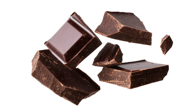 Isolated delicious flying dark chocolate pieces, sweet dessert ingredient and gourmet snack.