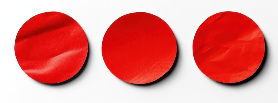 Three crumpled red paper circles on white background with soft shadows, minimalist playful composition