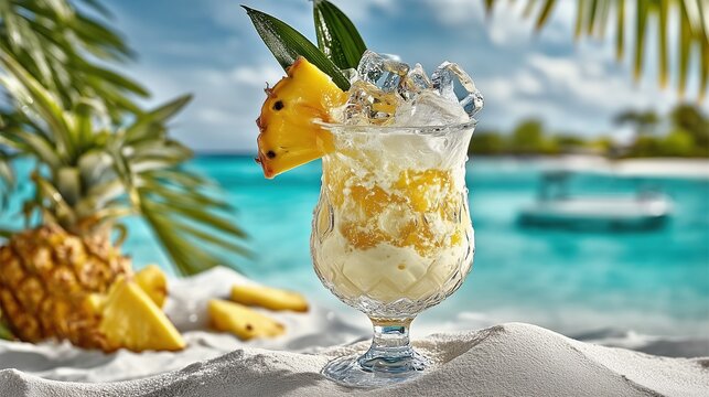 Luxury tropical cocktail pina collada on tropical beach