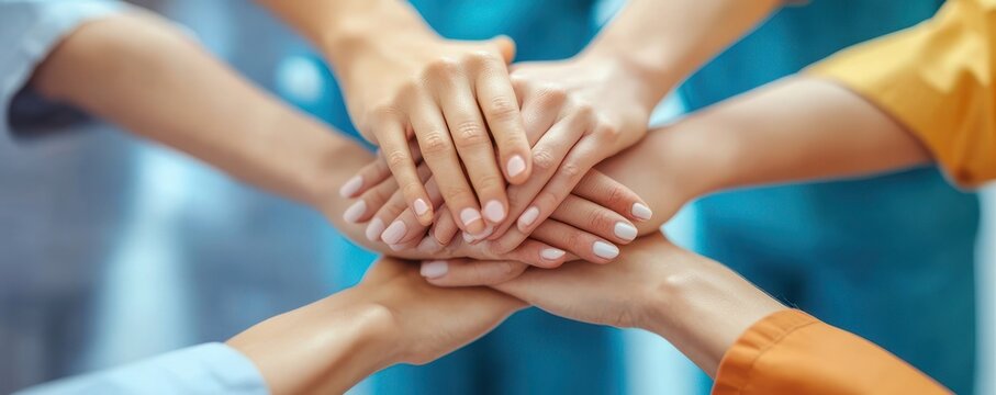 Multiple hands stacked together over intertwined forearms with colorful sleeves, expressing unity, trust, support and team spirit