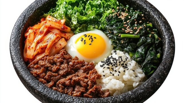 Stone bowl mixed rice with sunny egg, seasoned ground beef, kimchi, saut&eacute;ed spinach and leafy greens over white rice, sprinkled with black sesame seeds, vibrant and comforting