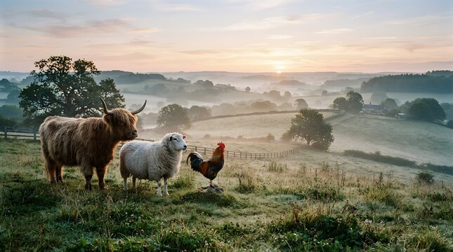 Farm animals stand peacefully together in a foggy morning pasture at sunrise.