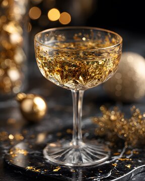 Elegant golden Christmas cocktail with edible gold flakes, crystal coupe glass, luxury holiday decorations, black marble table, golden bokeh lights.