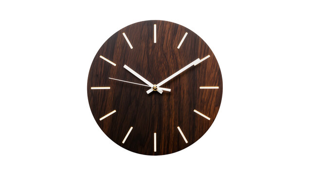 Isolated modern minimalist dark wood-grained wall clock with white hour markers and hands.