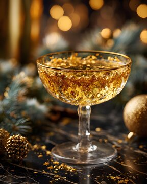 Elegant golden Christmas cocktail with edible gold flakes, crystal coupe glass, luxury holiday decorations, black marble table, golden bokeh lights.