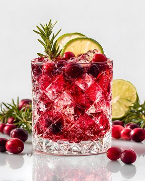 Minimalist Christmas cocktail on white background, elegant glass, cranberry garnish, rosemary sprig, isolated premium stock image.