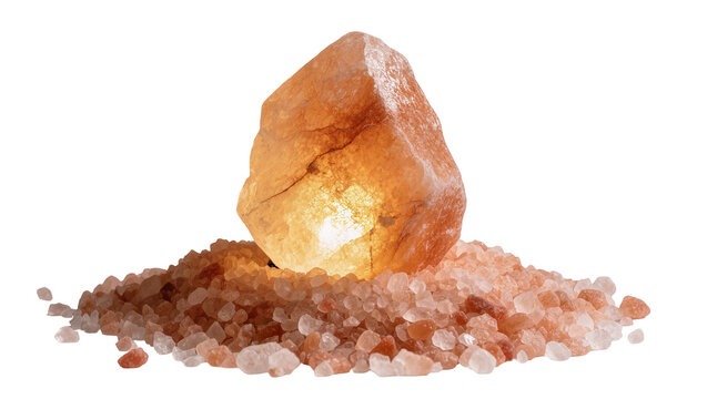Isolated luminous Himalayan salt lamp rock atop a pile of natural mineral crystals