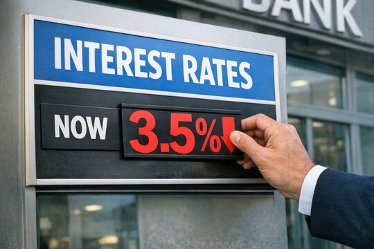 A businessman points at an interest rate sign, highlighting the current rate of 35%