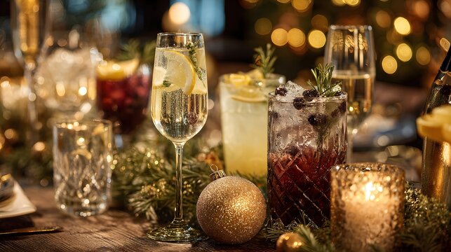 Luxury Christmas cocktail beside beautifully wrapped gift boxes, pine branches, ornaments, fairy lights, elegant holiday styling.
