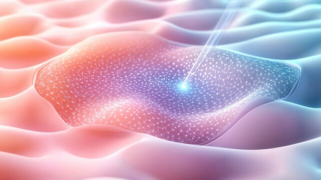 Soft pastel undulating surface with glowing mesh network in a central depression struck by a focused beam of light, evoking calm and wonder