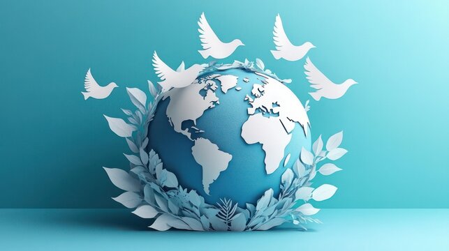 Paper-cut style globe wrapped in a leafy laurel wreath with white doves flying above conveying peaceful hopeful unity