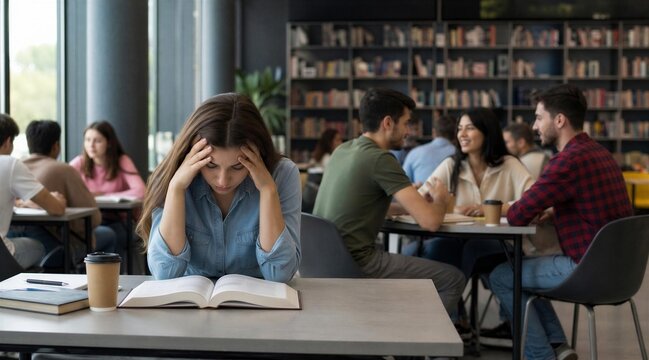 Stressed student studying alone in busy library