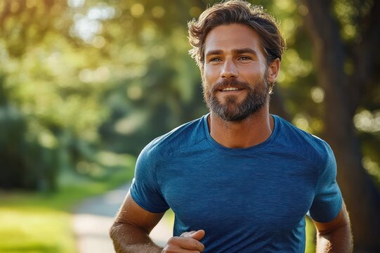 focused male runner in blue athletic shirt jogging along a sunlit tree-lined park path with a determined stride